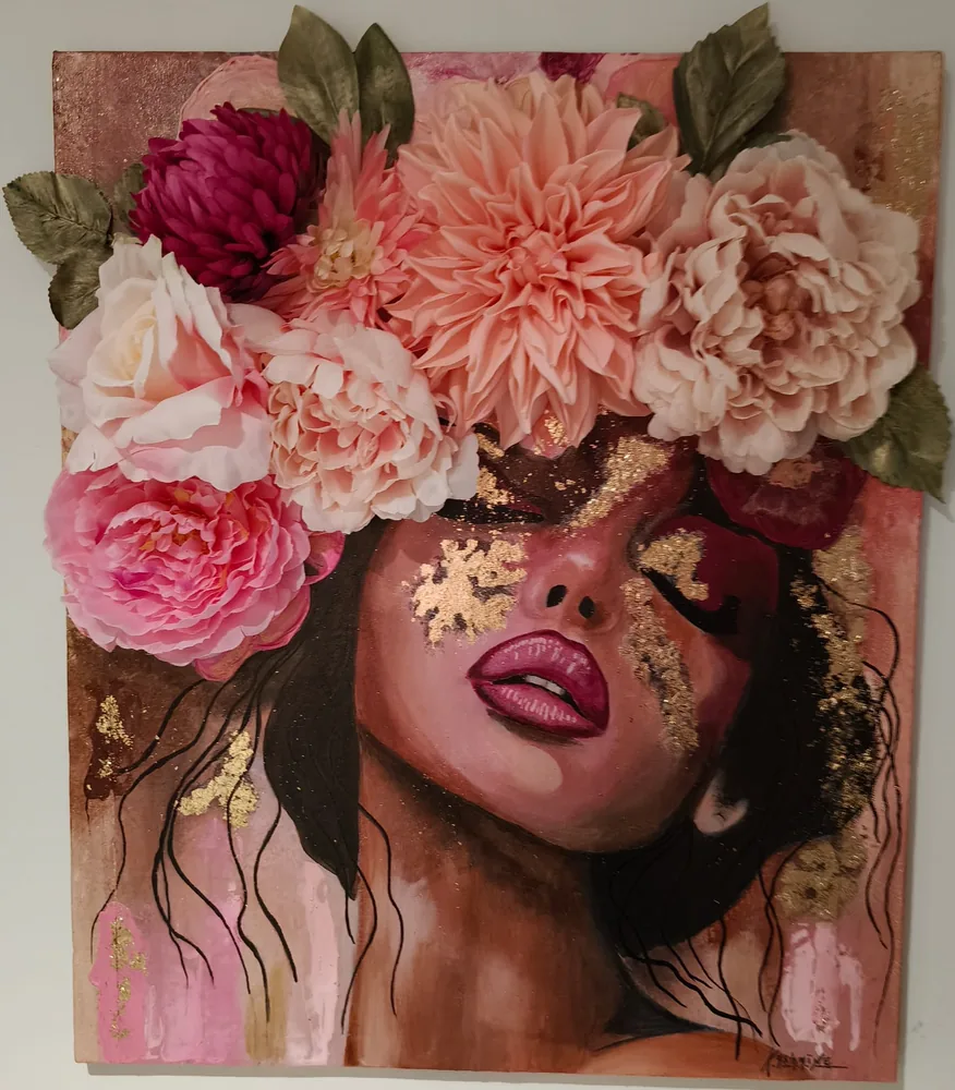Tableau Couronne de pivoines : peinture acrylique et feuilles d'or, fleurs en relief, 55 × 46 cm