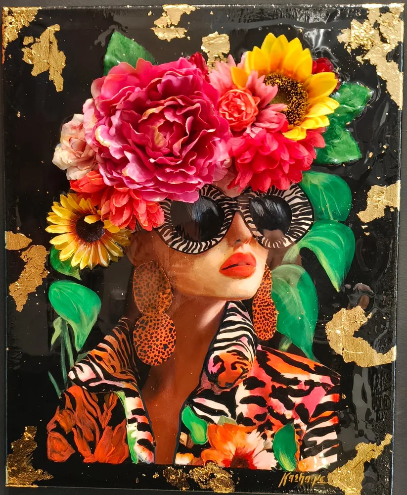 Tableau Lunettes zébrées : peinture acrylique et feuilles d'or, fleurs en relief, recouvert de résine, 50 × 40 cm